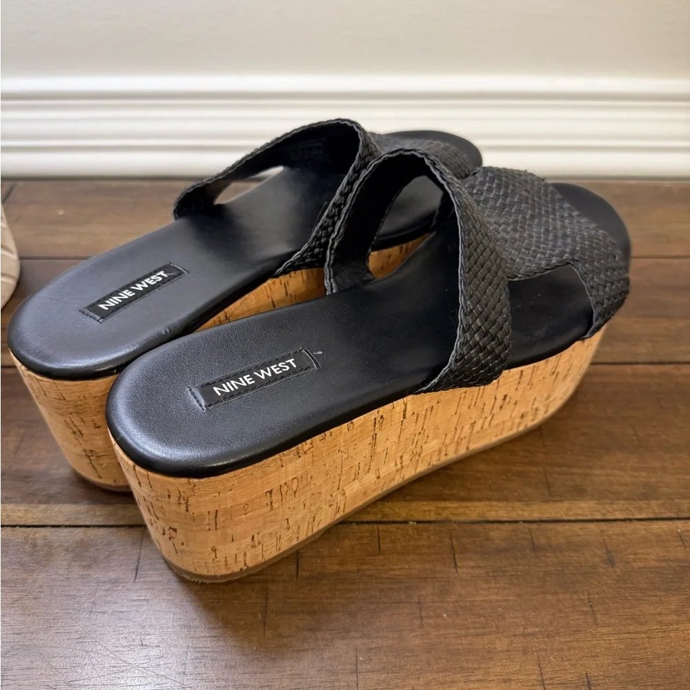 NEW Nine West Black Woven Cork Platform Sandals Size 10